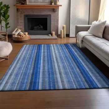 8' X 10' Blue And Ivory Striped Washable Area Rug With UV Protection