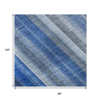 8' X 10' Blue And Ivory Striped Washable Area Rug With UV Protection