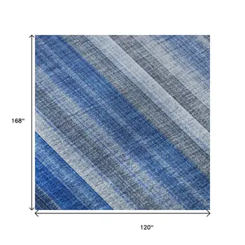 10' X 14' Blue And Ivory Striped Washable Area Rug With UV Protection