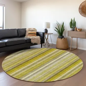 8' Gold And Ivory Striped Washable Round Rug With UV Protection