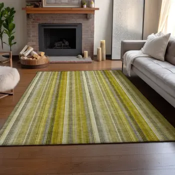 10' X 14' Gold And Ivory Striped Washable Area Rug With UV Protection