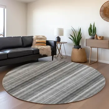 8' Gray And Ivory Striped Washable Round Rug With UV Protection