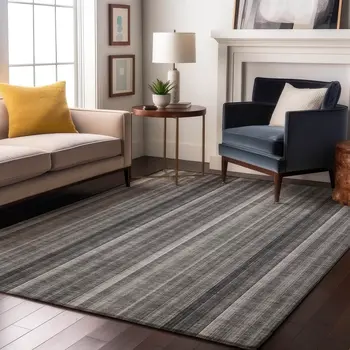 9' X 12' Gray And Ivory Striped Washable Area Rug With UV Protection
