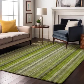 3' X 5' Green And Ivory Striped Washable Area Rug With UV Protection
