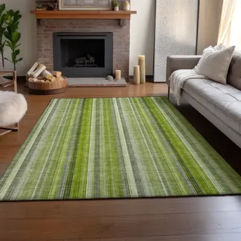 5' X 8' Green And Ivory Striped Washable Area Rug With UV Protection