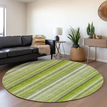 8' Green And Ivory Striped Washable Round Rug With UV Protection