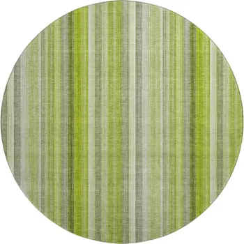 8' Green And Ivory Striped Washable Round Rug With UV Protection