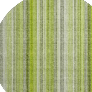 8' Green And Ivory Striped Washable Round Rug With UV Protection