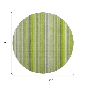 8' Green And Ivory Striped Washable Round Rug With UV Protection