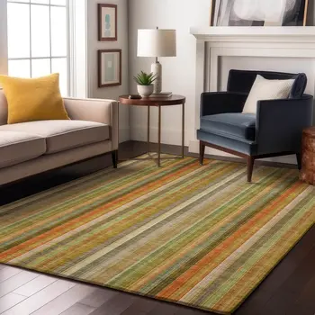 5' X 8' Khaki Orange And Beige Striped Washable Area Rug With UV Protection