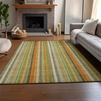 5' X 8' Khaki Orange And Beige Striped Washable Area Rug With UV Protection