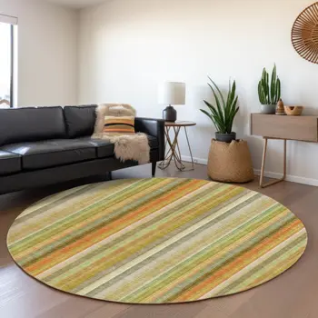 8' Khaki Orange And Beige Striped Washable Round Rug With UV Protection