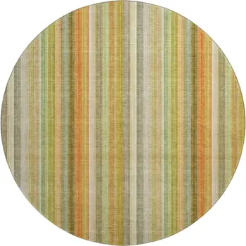 8' Khaki Orange And Beige Striped Washable Round Rug With UV Protection