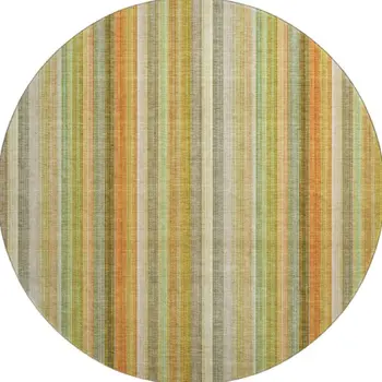 8' Khaki Orange And Beige Striped Washable Round Rug With UV Protection