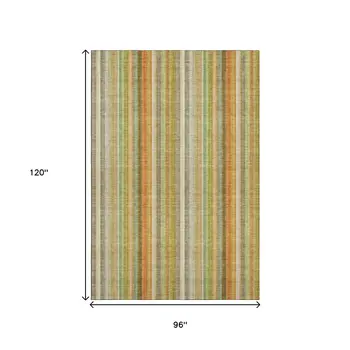 8' X 10' Khaki Orange And Beige Striped Washable Area Rug With UV Protection