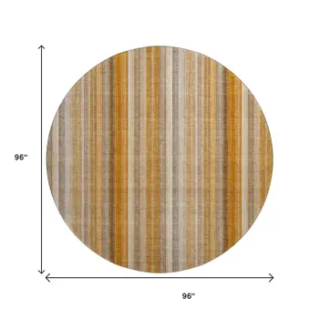 8' Rust And Gray Striped Washable Round Rug With UV Protection