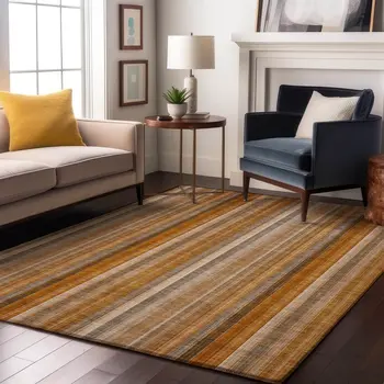 8' X 10' Rust And Gray Striped Washable Area Rug With UV Protection