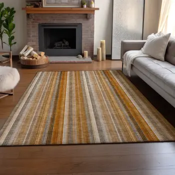 8' X 10' Rust And Gray Striped Washable Area Rug With UV Protection
