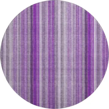8' Purple And Ivory Striped Washable Round Rug With UV Protection