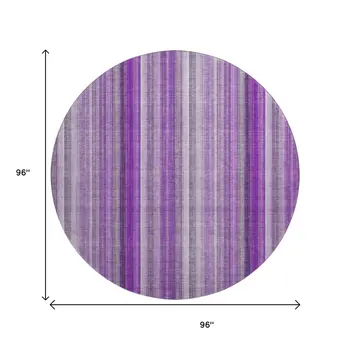 8' Purple And Ivory Striped Washable Round Rug With UV Protection