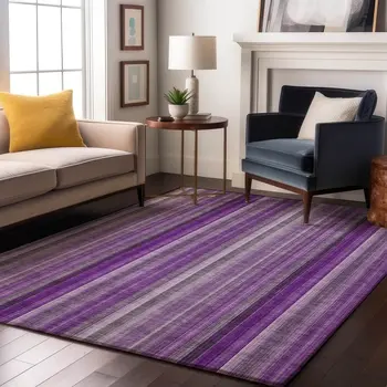 8' X 10' Purple And Ivory Striped Washable Area Rug With UV Protection