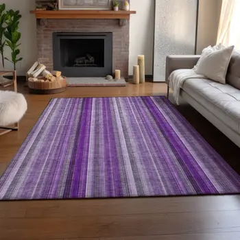 8' X 10' Purple And Ivory Striped Washable Area Rug With UV Protection
