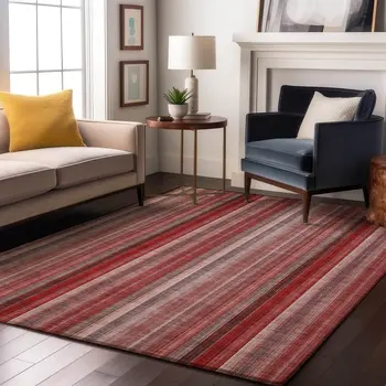 3' X 5' Red And Ivory Striped Washable Area Rug With UV Protection