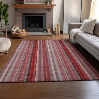 3' X 5' Red And Ivory Striped Washable Area Rug With UV Protection