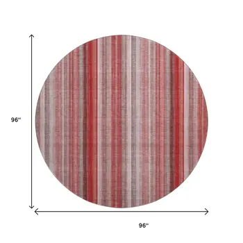 8' Red And Ivory Striped Washable Round Rug With UV Protection