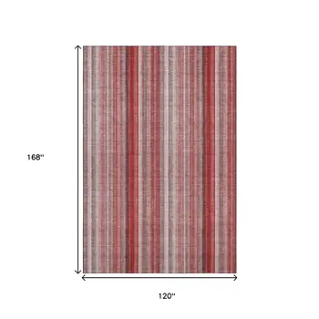 10' X 14' Red And Ivory Striped Washable Area Rug With UV Protection