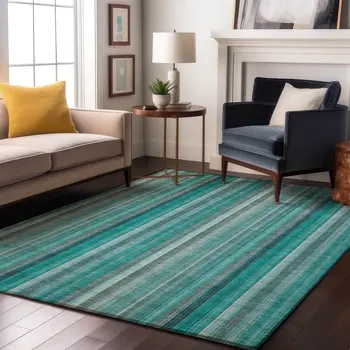 5' X 8' Teal And Ivory Striped Washable Area Rug With UV Protection
