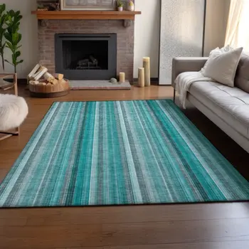 5' X 8' Teal And Ivory Striped Washable Area Rug With UV Protection