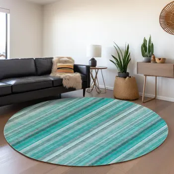 8' Teal And Ivory Striped Washable Round Rug With UV Protection