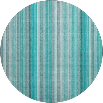 8' Teal And Ivory Striped Washable Round Rug With UV Protection