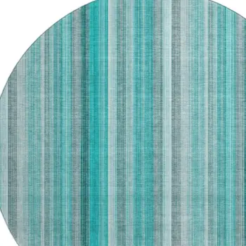 8' Teal And Ivory Striped Washable Round Rug With UV Protection