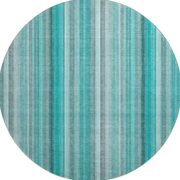 8' Teal And Ivory Striped Washable Round Rug With UV Protection