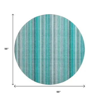 8' Teal And Ivory Striped Washable Round Rug With UV Protection