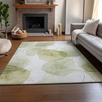 3' X 5' Green Gold And Ivory Abstract Washable Area Rug With UV Protection