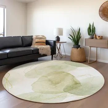 8' Green Gold And Ivory Abstract Washable Round Rug With UV Protection