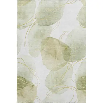 9' X 12' Green Gold And Ivory Abstract Washable Area Rug With UV Protection