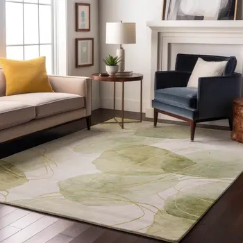 10' X 14' Green Gold And Ivory Abstract Washable Area Rug With UV Protection