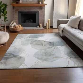 3' X 5' Ivory And Beige Abstract Washable Area Rug With UV Protection