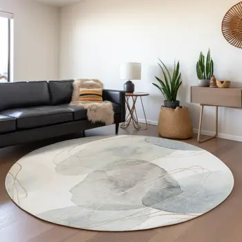 8' Ivory And Beige Abstract Washable Round Rug With UV Protection