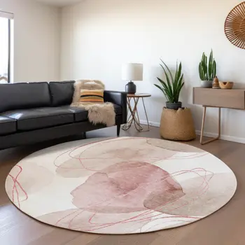 8' Merlot And Ivory Abstract Washable Round Rug With UV Protection