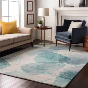 5' X 8' Teal And Ivory Abstract Washable Area Rug With UV Protection