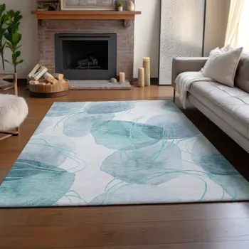 5' X 8' Teal And Ivory Abstract Washable Area Rug With UV Protection