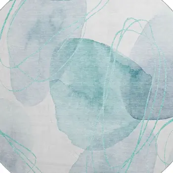8' Teal And Ivory Abstract Washable Round Rug With UV Protection