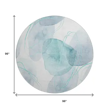 8' Teal And Ivory Abstract Washable Round Rug With UV Protection