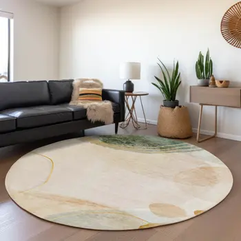 8' Beige Copper And Taupe Abstract Washable Round Rug With UV Protection