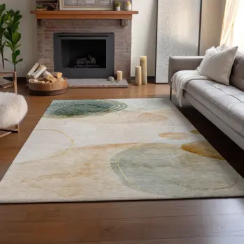 9' X 12' Beige Copper And Taupe Abstract Washable Area Rug With UV Protection